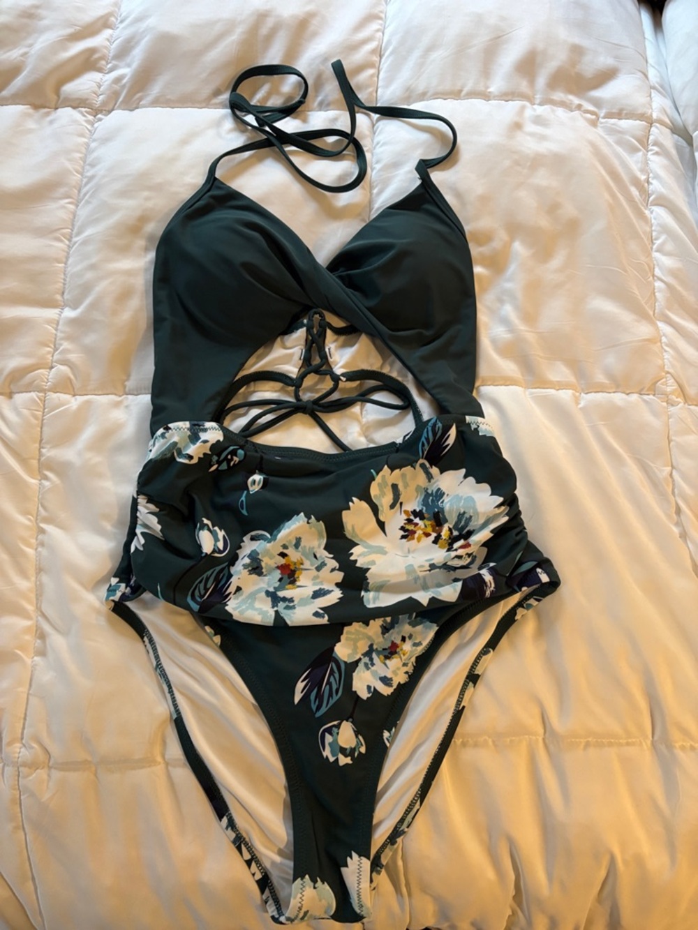 Dark Green Floral One-Piece Swimsuit with Lace-Up Front